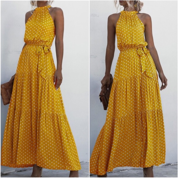 BellanBlue Dresses & Skirts - Boho Yellow Polka Dot Halter Maxi Dress Ruffle